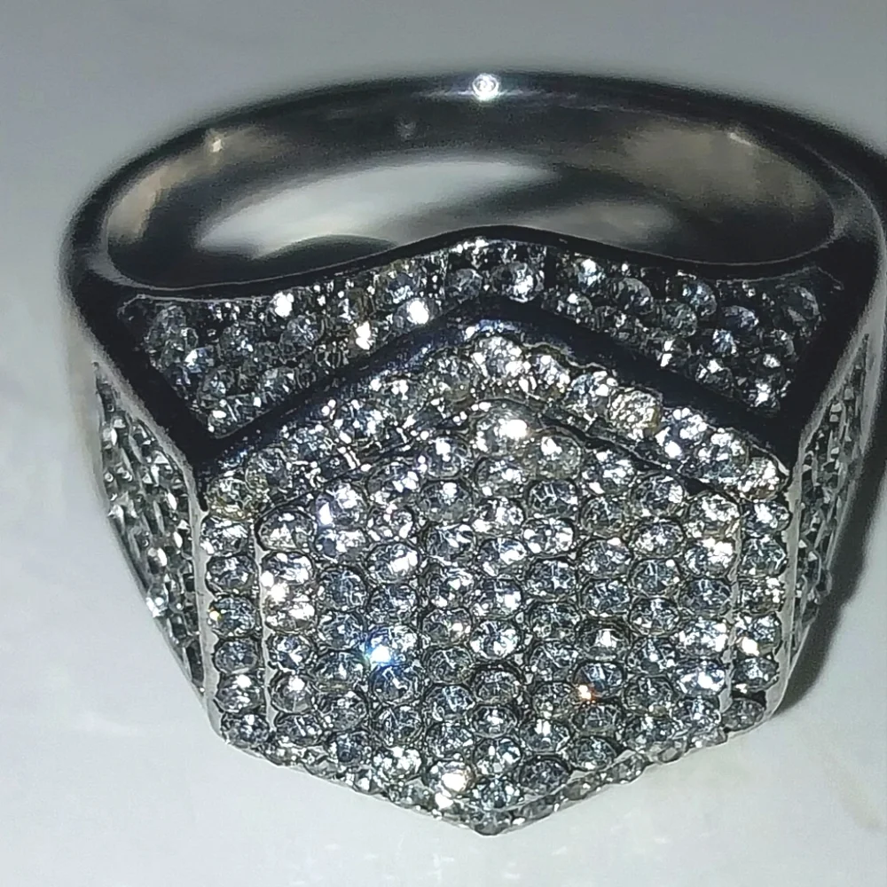 Modern Men's Silvery Hexagonal Diamond Ring Sz 13